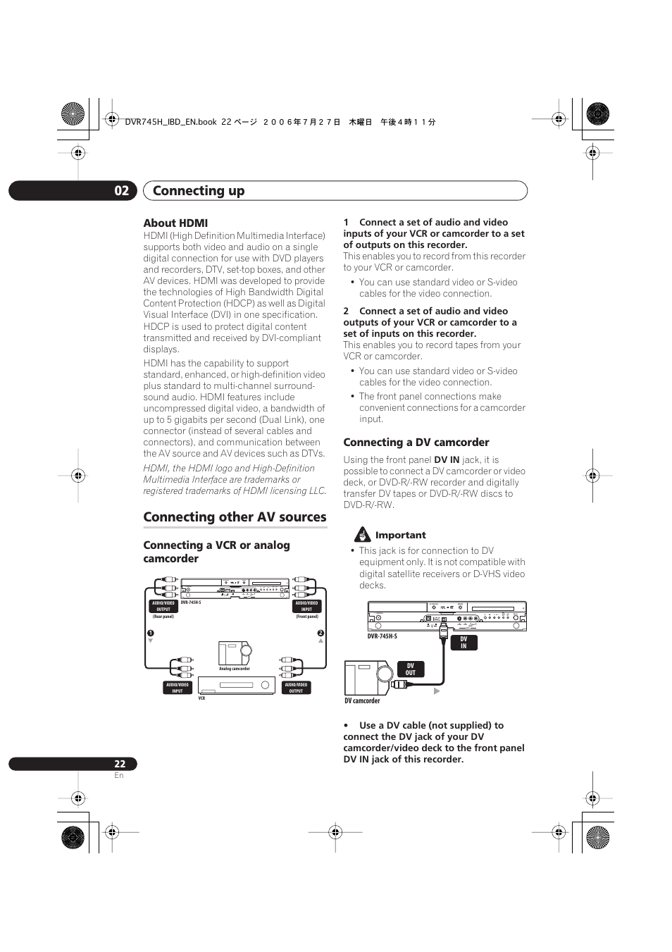 Connecting other av sources, Connecting up 02, About hdmi | Connecting a vcr or analog camcorder, Connecting a dv camcorder | Pioneer DVR-745H-S User Manual | Page 22 / 136