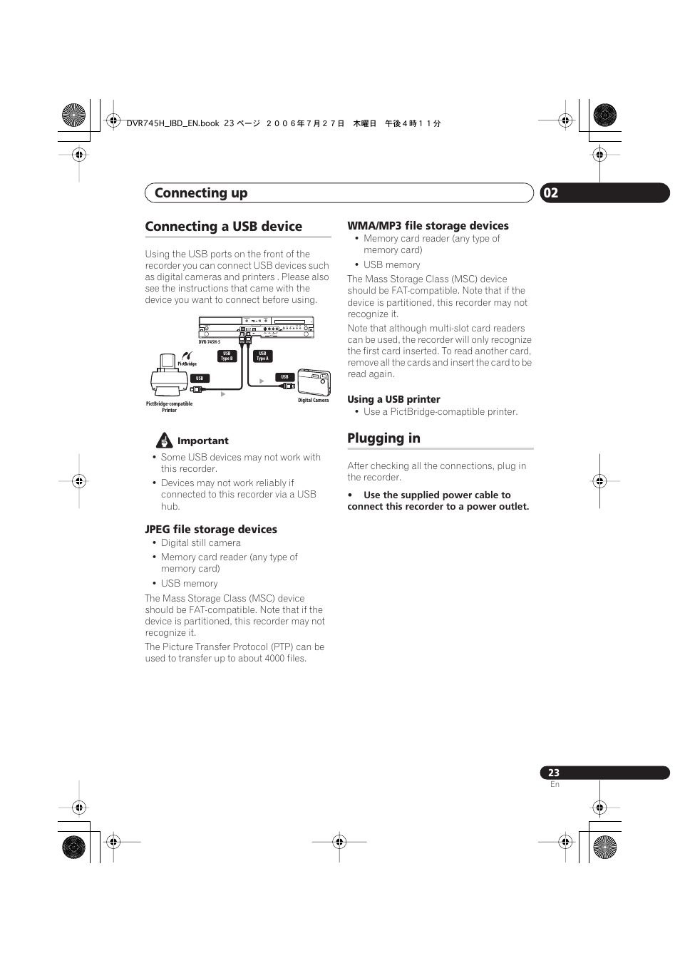 Connecting a usb device, Plugging in, Connecting up 02 | Pioneer DVR-745H-S User Manual | Page 23 / 136
