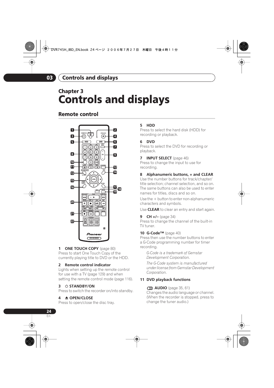 03 controls and displays, Remote control, Controls and displays | Controls and displays 03, Chapter 3 | Pioneer DVR-745H-S User Manual | Page 24 / 136