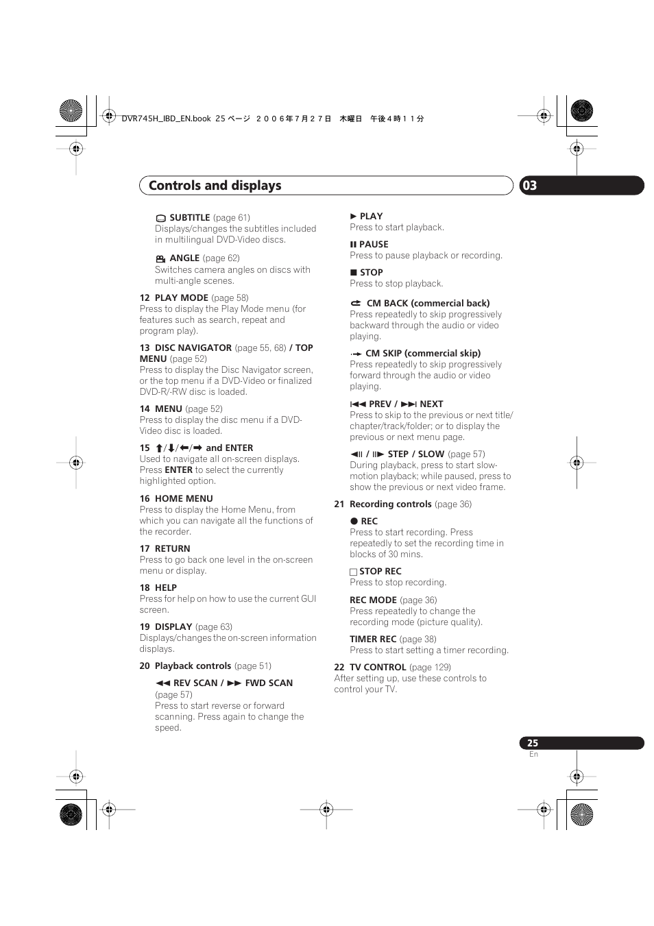 Controls and displays 03 | Pioneer DVR-745H-S User Manual | Page 25 / 136