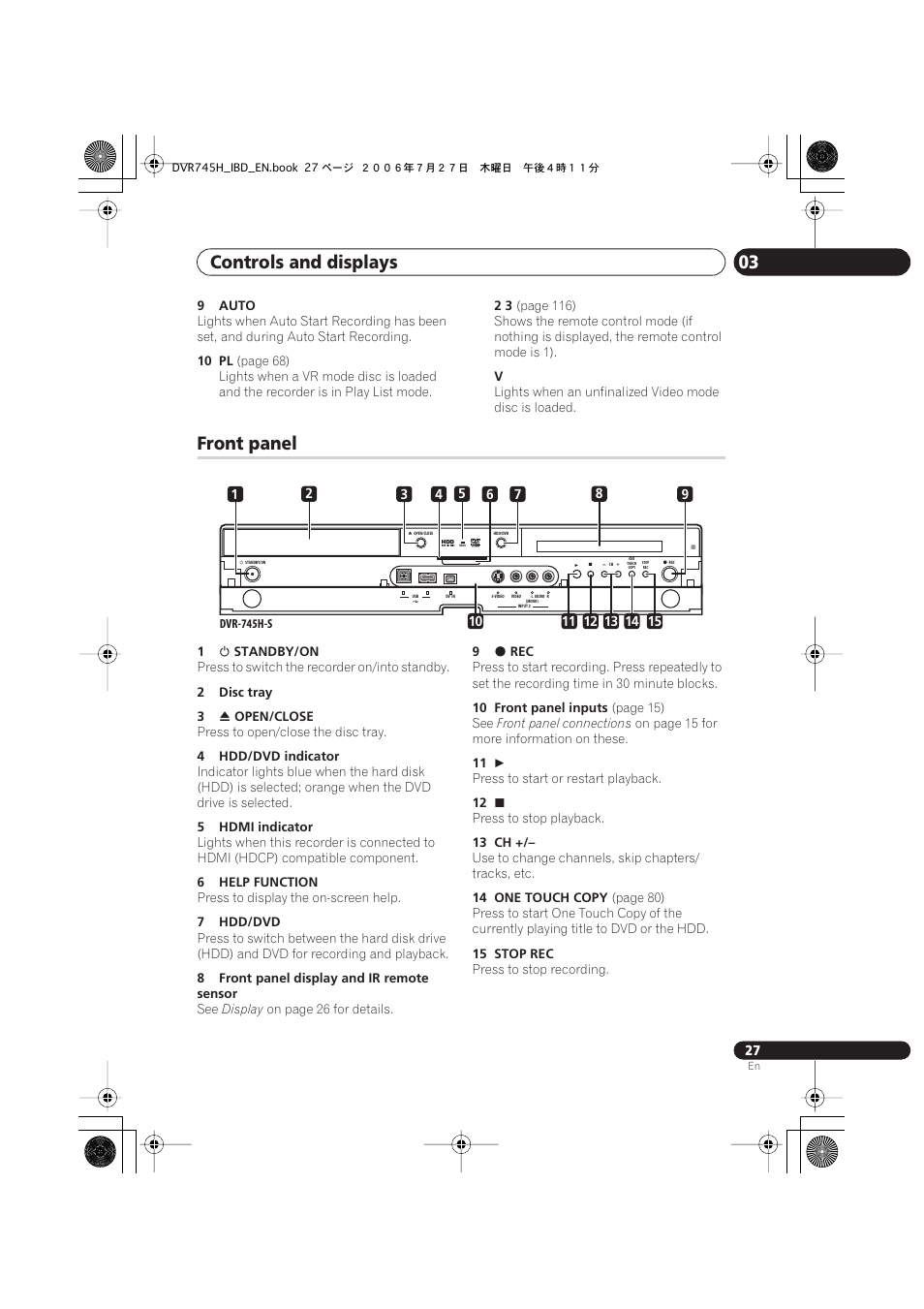 Front panel, Controls and displays 03 | Pioneer DVR-745H-S User Manual | Page 27 / 136