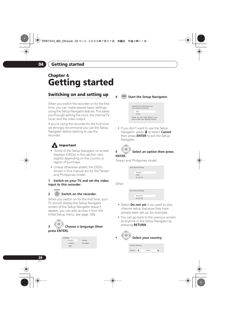 04 getting started, Switching on and setting up, Getting started | Getting started 04, Chapter 4 | Pioneer DVR-745H-S User Manual | Page 28 / 136