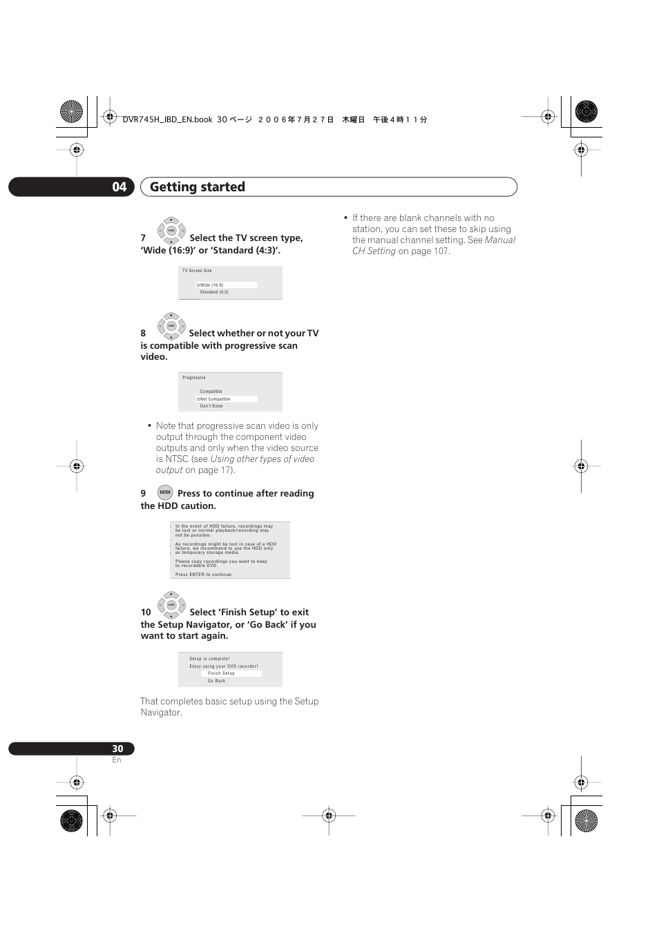 Getting started 04, Using other types of video output, On page 17) | Manual ch setting, On page 107 | Pioneer DVR-745H-S User Manual | Page 30 / 136