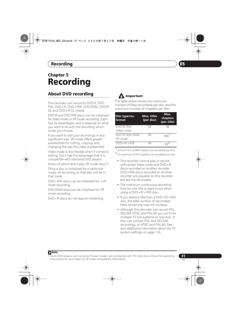 05 recording, About dvd recording, Recording | Recording 05, Chapter 5 | Pioneer DVR-745H-S User Manual | Page 31 / 136