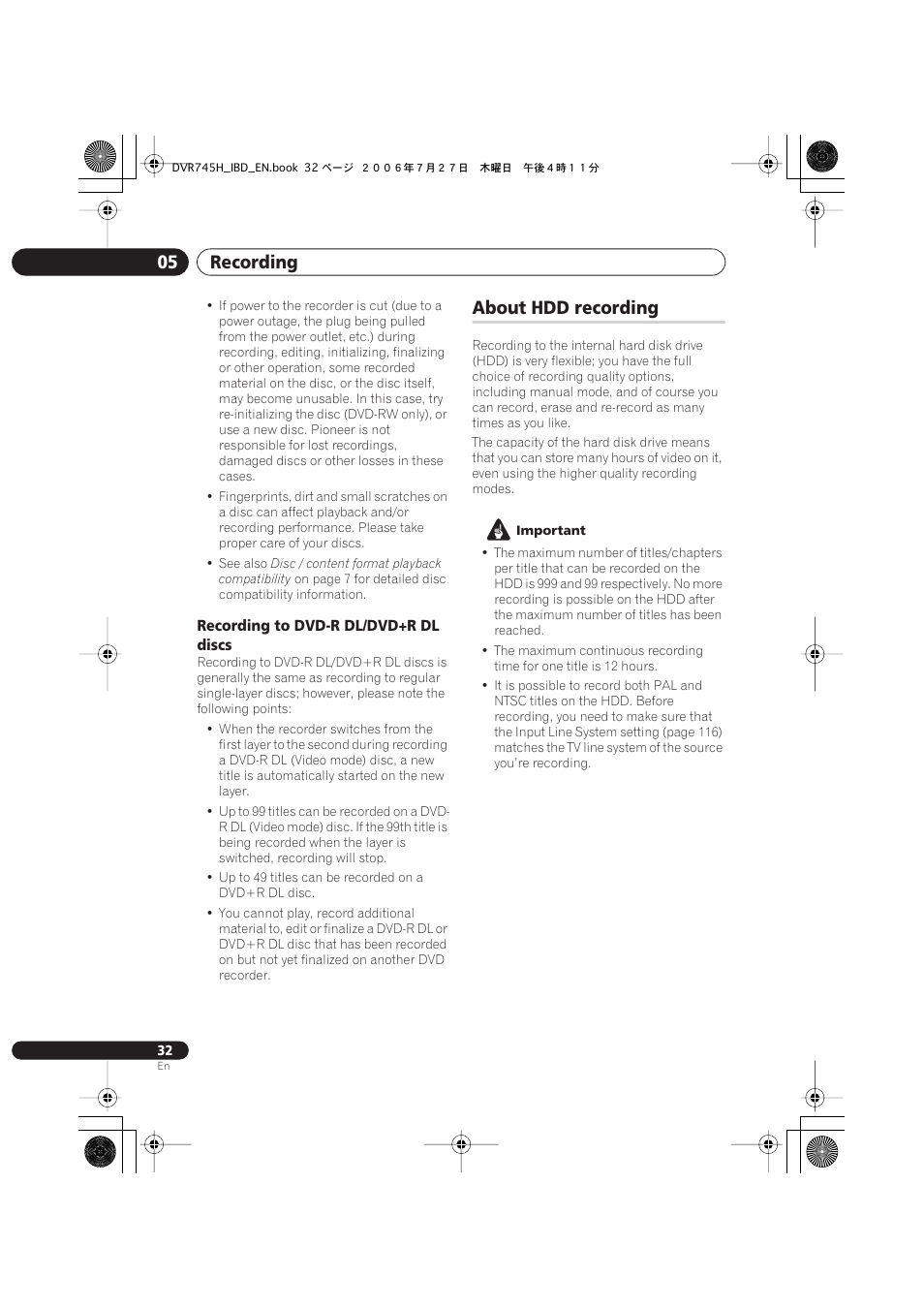 About hdd recording, Recording 05 | Pioneer DVR-745H-S User Manual | Page 32 / 136