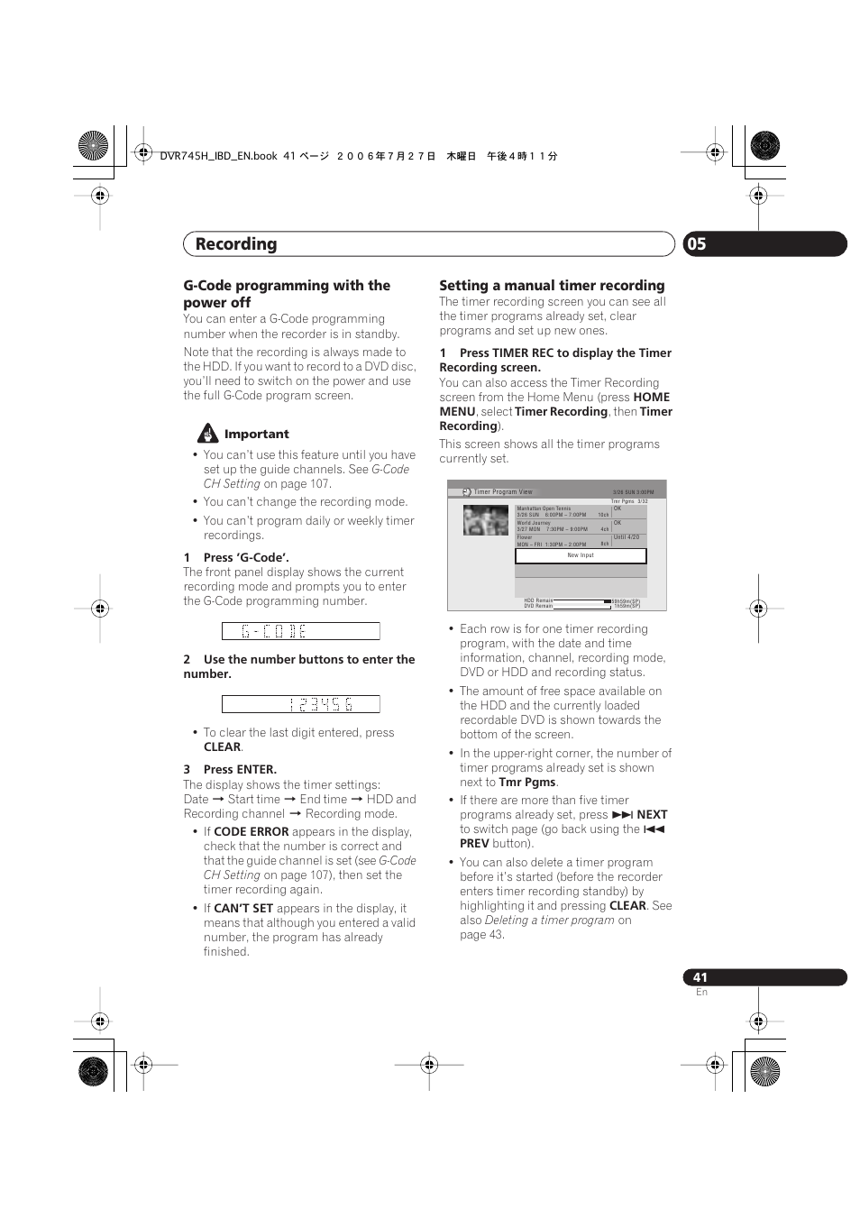 Recording 05, G-code programming with the power off, Setting a manual timer recording | Pioneer DVR-745H-S User Manual | Page 41 / 136