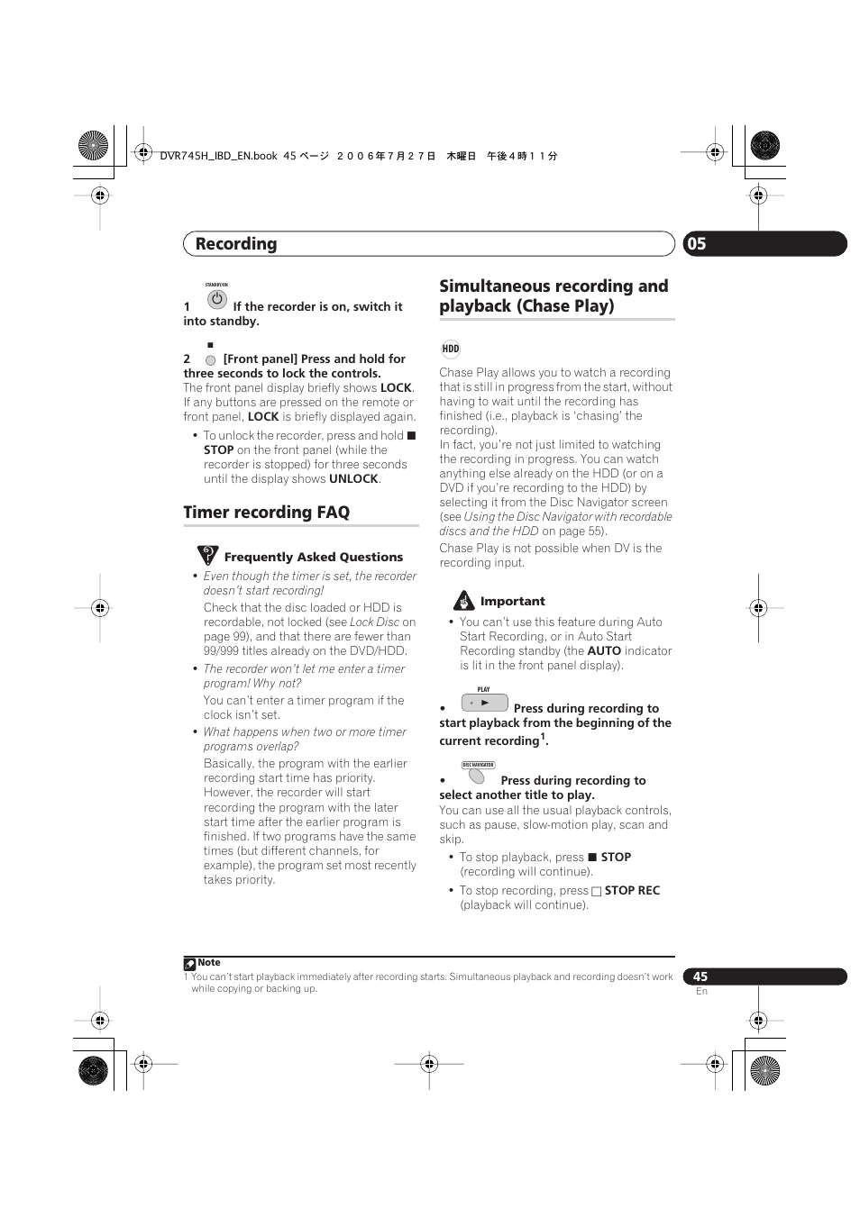 Timer recording faq, Simultaneous recording and playback (chase play), Recording 05 | Simultaneous recording and, Playback (chase play) | Pioneer DVR-745H-S User Manual | Page 45 / 136