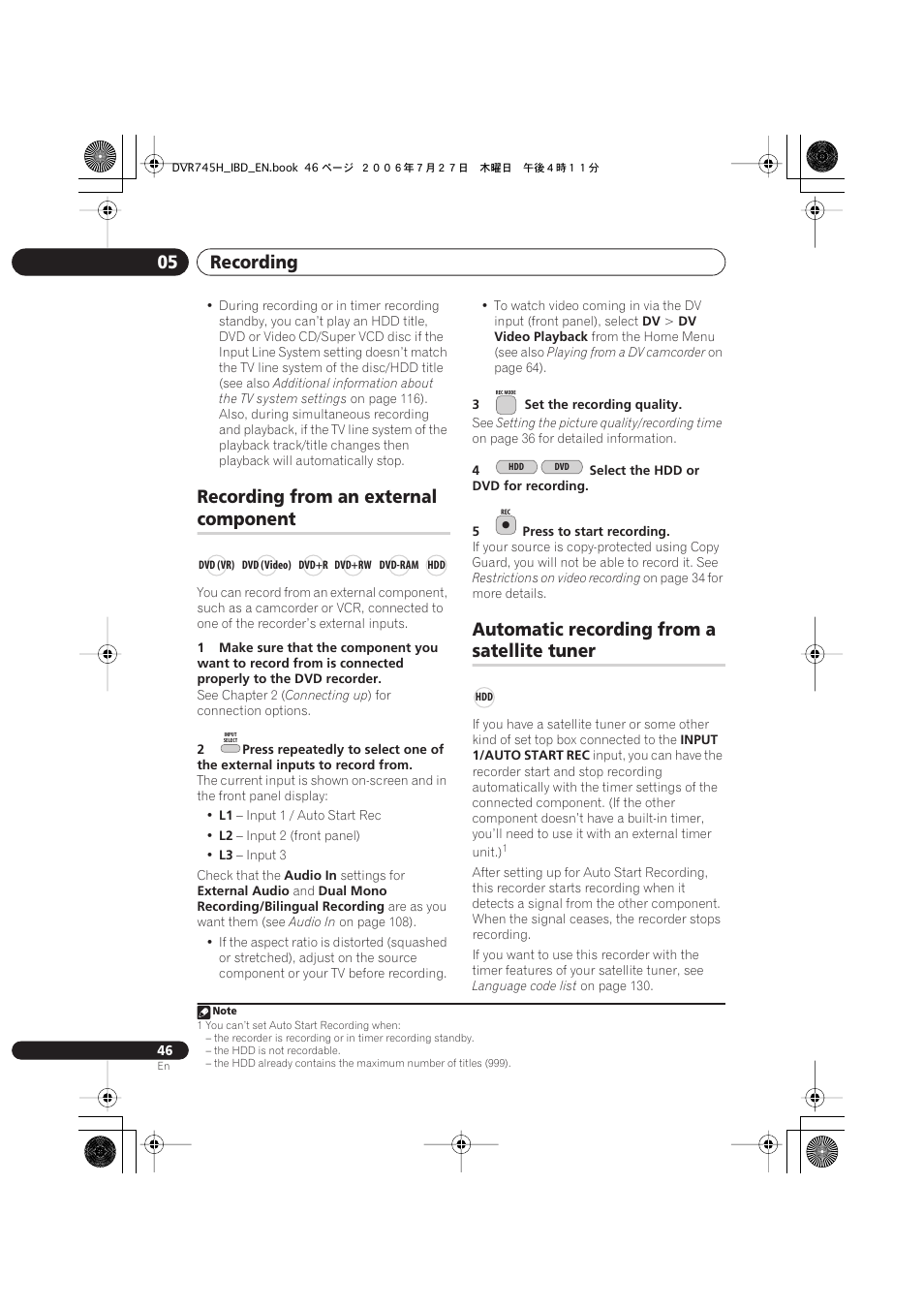 Recording from an external component, Automatic recording from a satellite tuner, Recording 05 | Recording from an external, Component, Automatic recording from a, Satellite tuner | Pioneer DVR-745H-S User Manual | Page 46 / 136