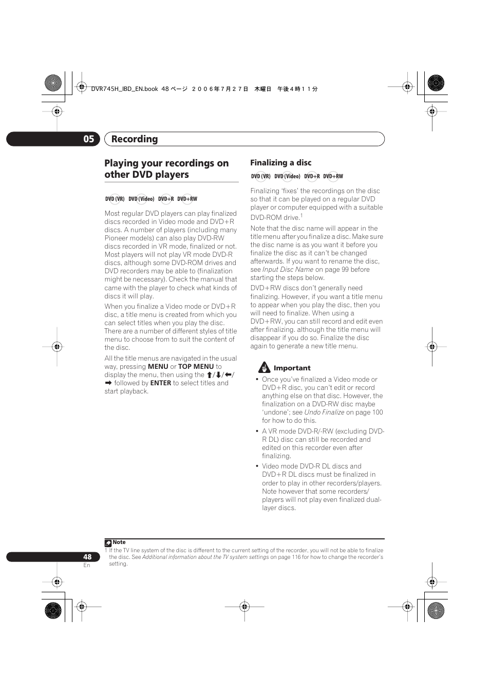 Playing your recordings on other dvd players, Recording 05, Playing your recordings on | Other dvd players | Pioneer DVR-745H-S User Manual | Page 48 / 136