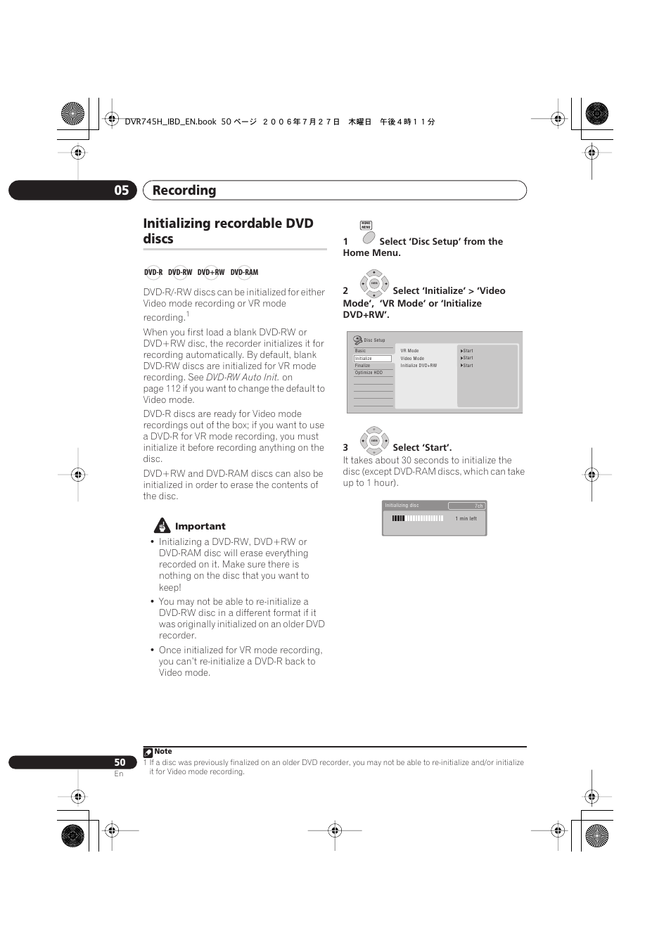 Initializing recordable dvd discs, Recording 05, Initializing recordable dvd | Discs | Pioneer DVR-745H-S User Manual | Page 50 / 136