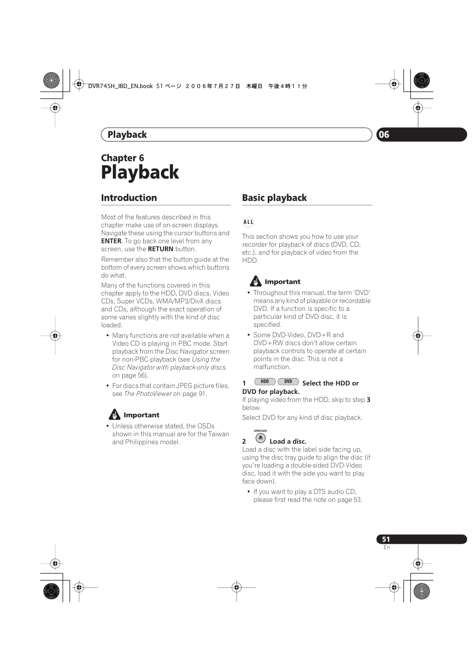 06 playback, Introduction, Basic playback | Playback, Playback 06, Chapter 6 | Pioneer DVR-745H-S User Manual | Page 51 / 136