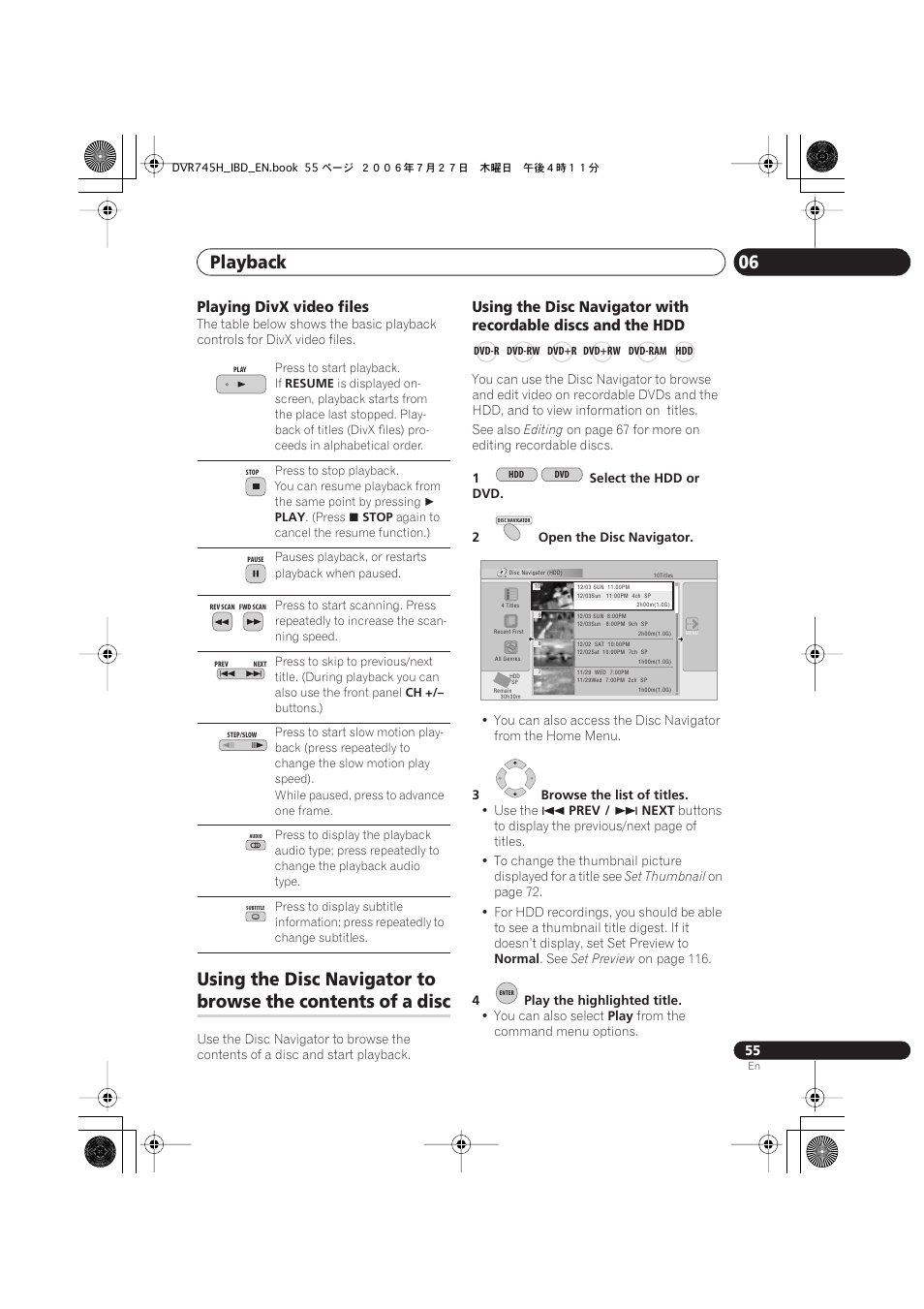 Playback 06, Using the disc navigator to, Browse the contents of a disc | Playing divx video files | Pioneer DVR-745H-S User Manual | Page 55 / 136