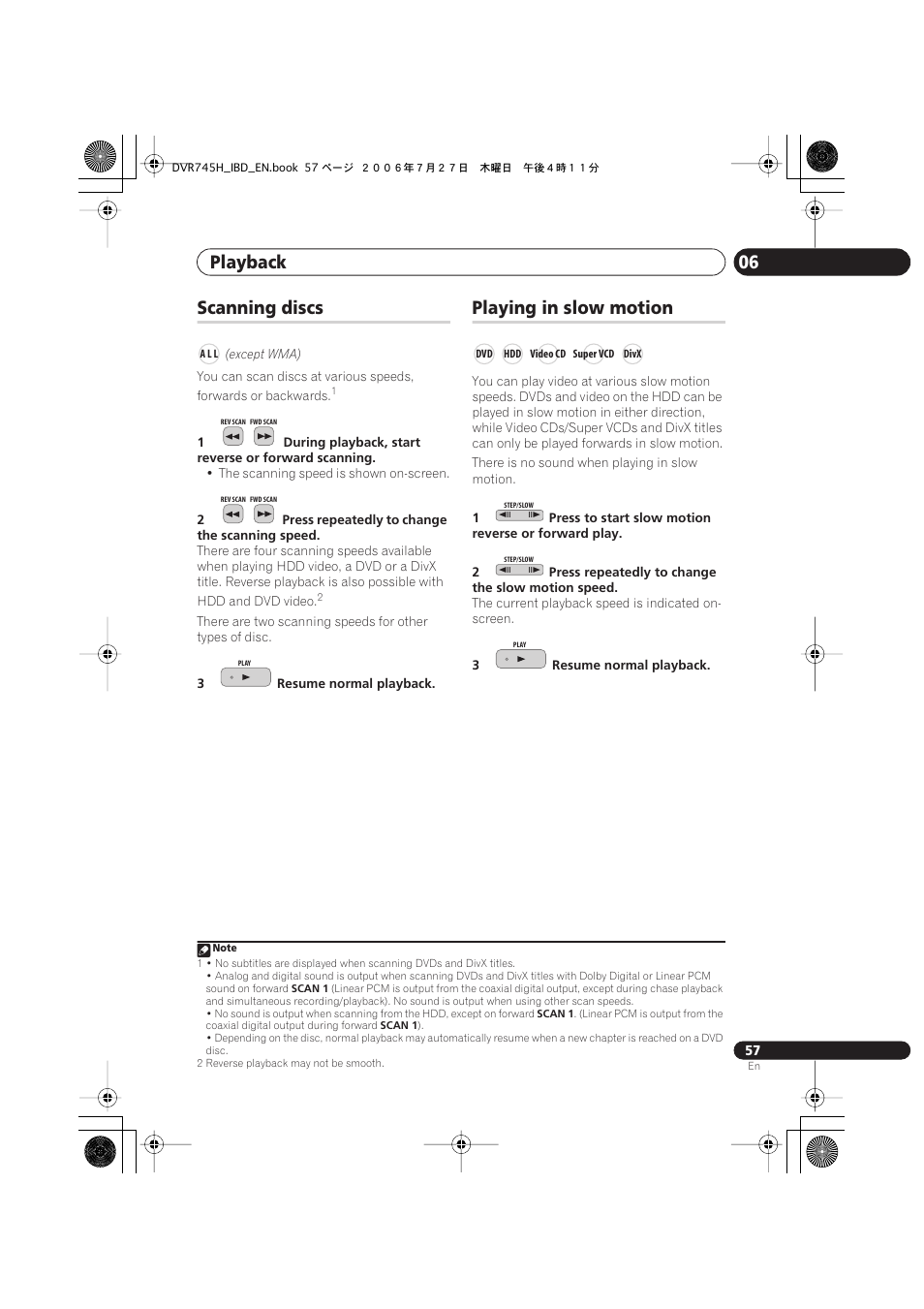 Scanning discs, Playing in slow motion, Playback 06 | Pioneer DVR-745H-S User Manual | Page 57 / 136