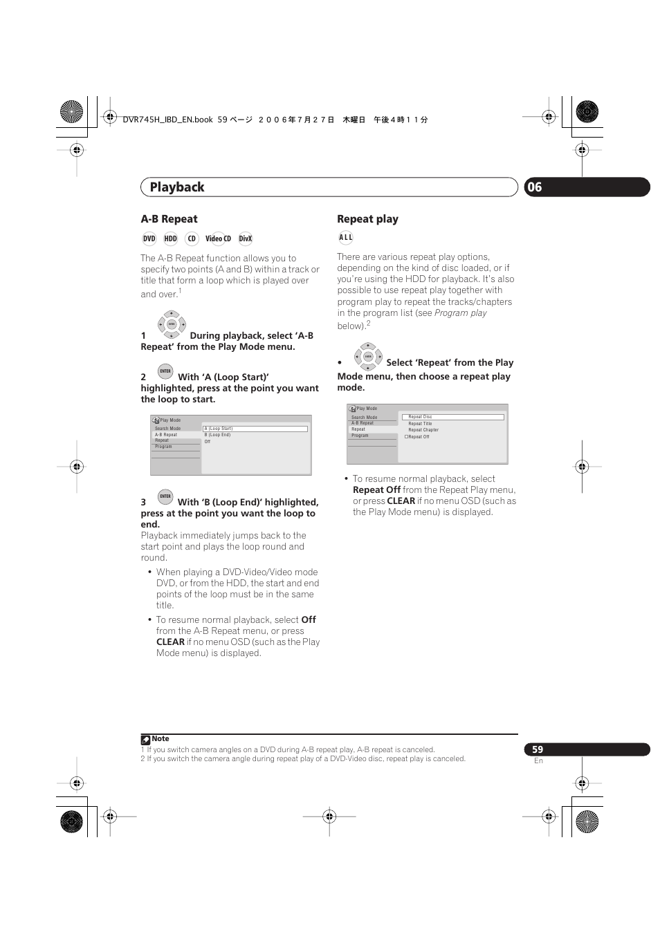 Playback 06, A-b repeat, Repeat play | Pioneer DVR-745H-S User Manual | Page 59 / 136