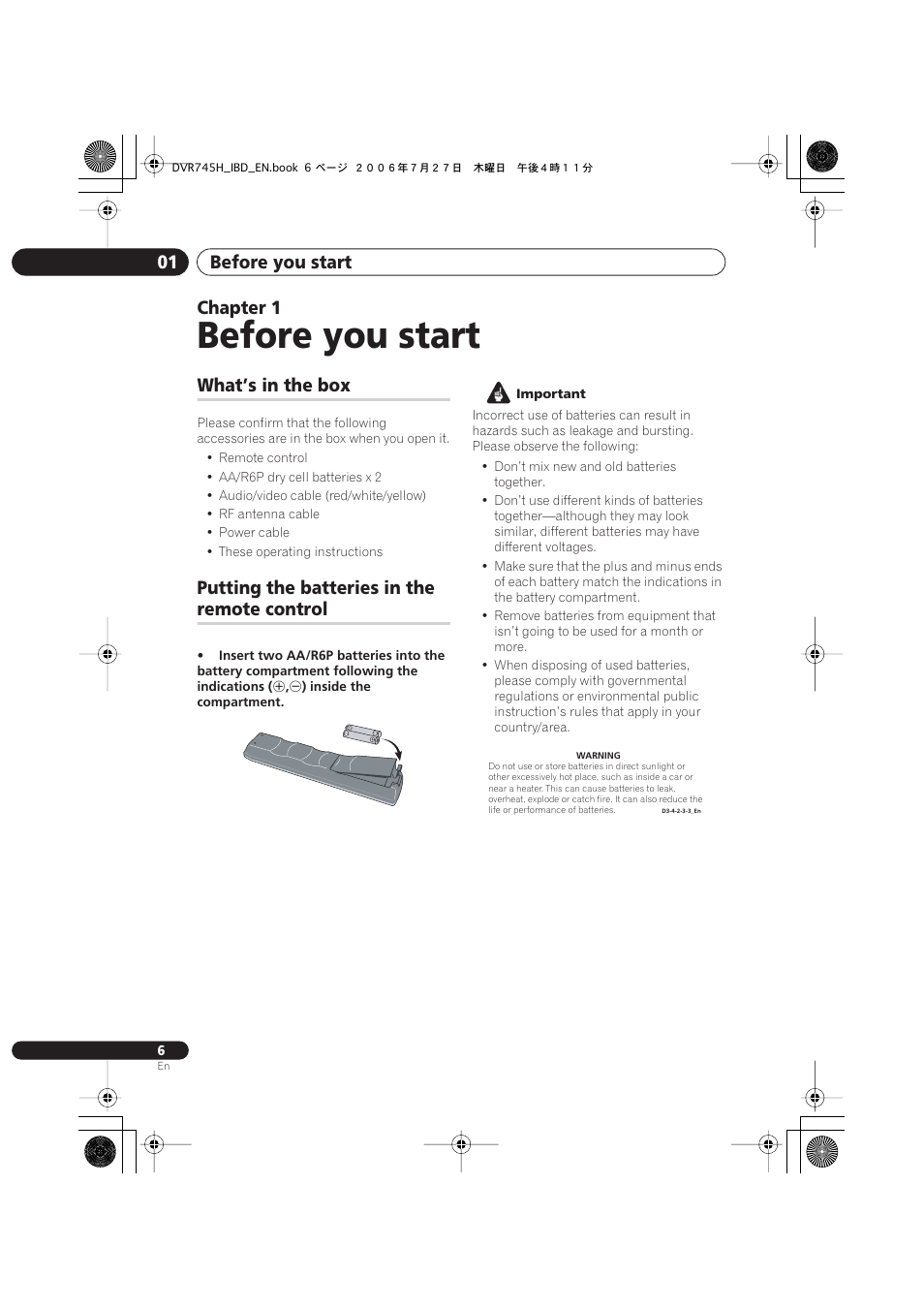 01 before you start, What’s in the box, Putting the batteries in the remote control | Before you start, Before you start 01, Chapter 1, Putting the batteries in the, Remote control | Pioneer DVR-745H-S User Manual | Page 6 / 136