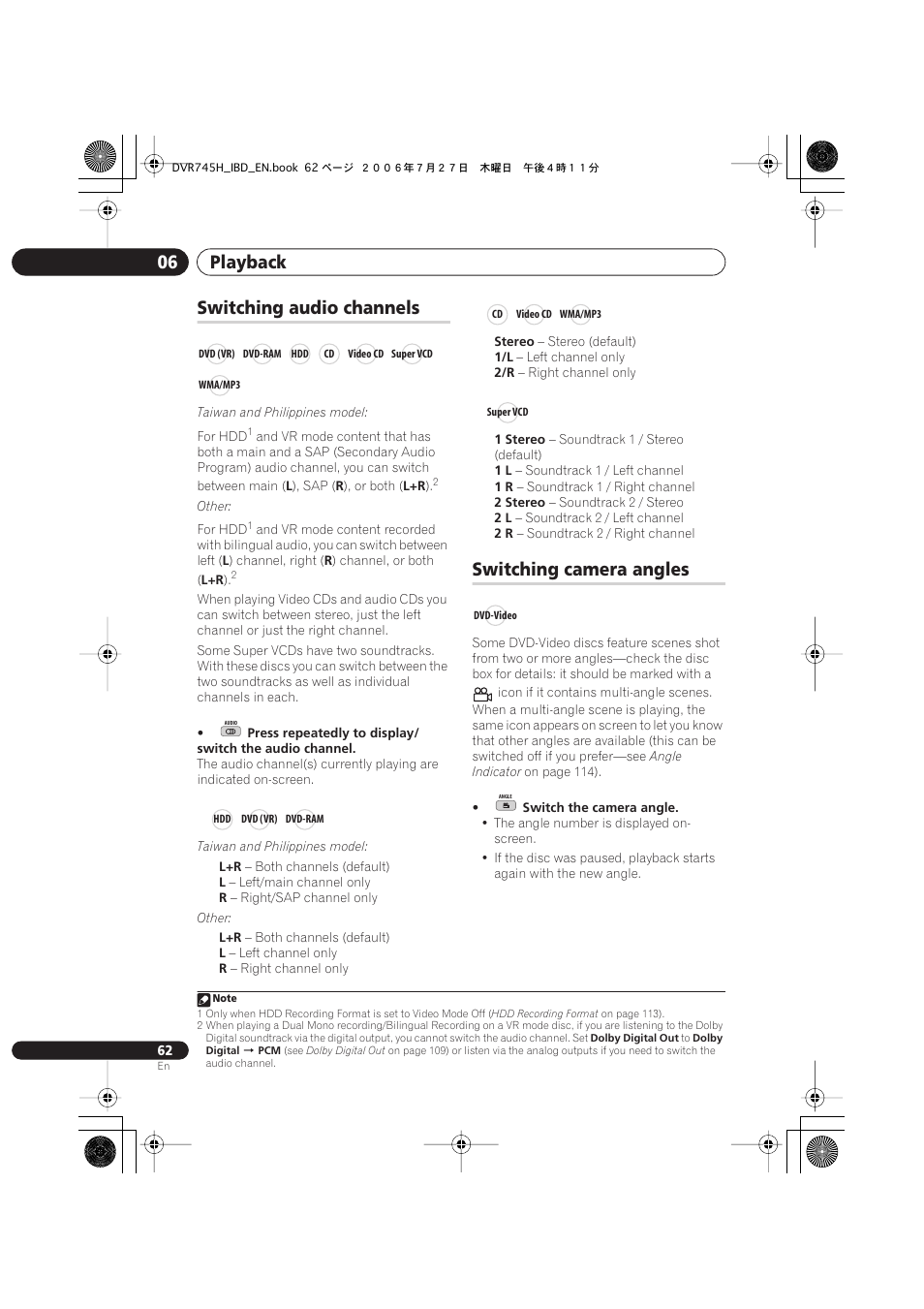 Switching audio channels, Switching camera angles, Playback 06 | Pioneer DVR-745H-S User Manual | Page 62 / 136