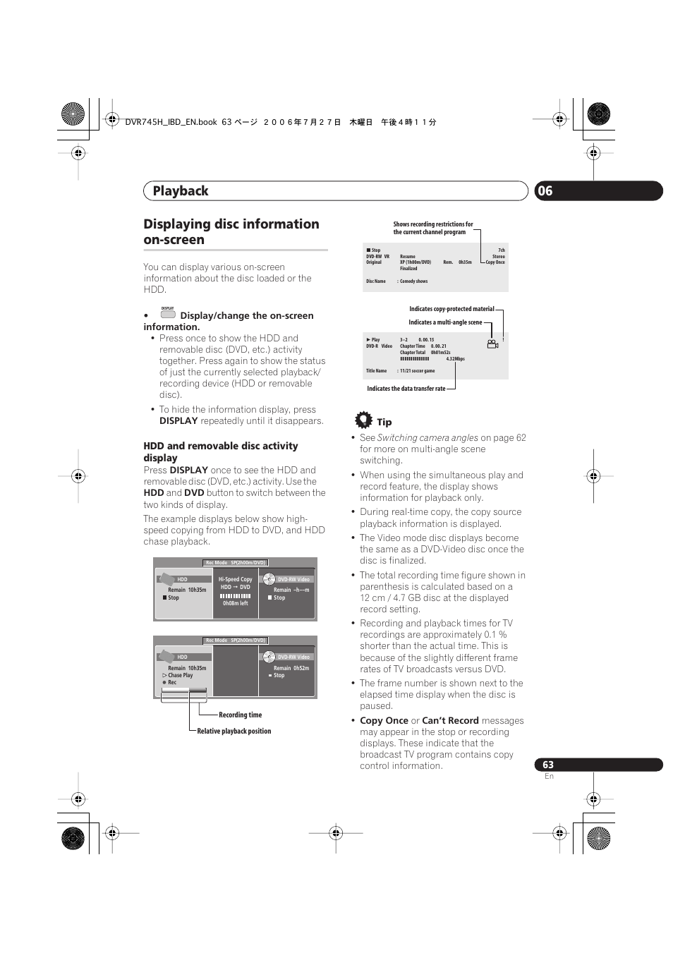 Displaying disc information on-screen, Playback 06, Displaying disc information | On-screen | Pioneer DVR-745H-S User Manual | Page 63 / 136