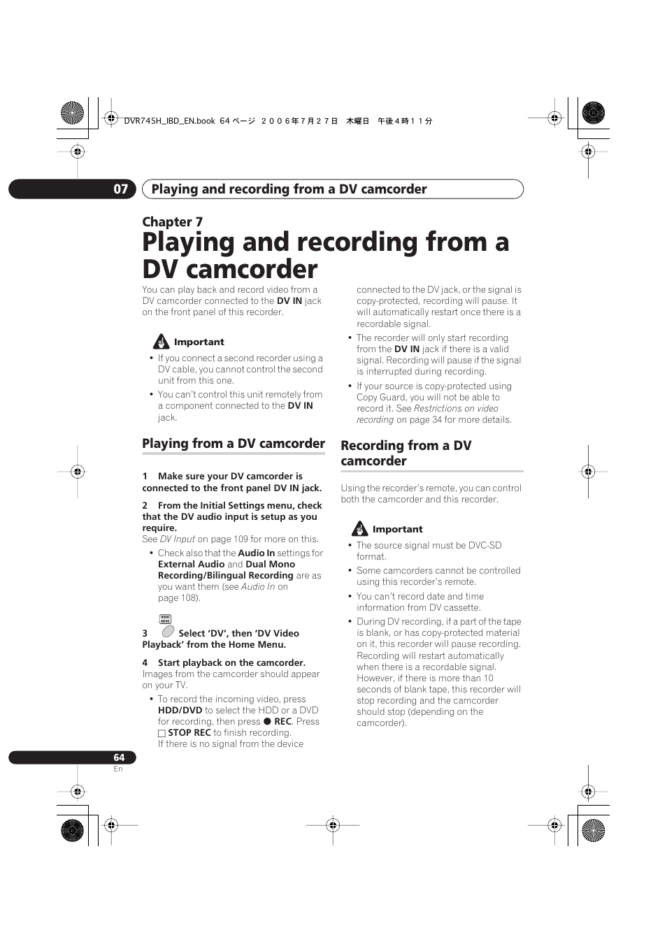 07 playing and recording from a dv camcorder, Playing from a dv camcorder, Recording from a dv camcorder | Playing and recording from a dv camcorder, Playing and recording from a dv camcorder 07, Chapter 7, Recording from a dv, Camcorder | Pioneer DVR-745H-S User Manual | Page 64 / 136