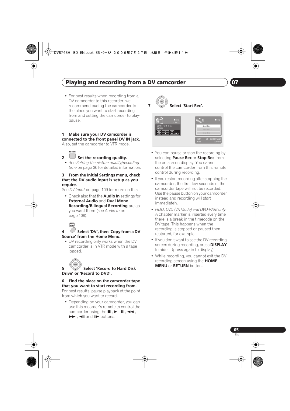 Playing and recording from a dv camcorder 07 | Pioneer DVR-745H-S User Manual | Page 65 / 136