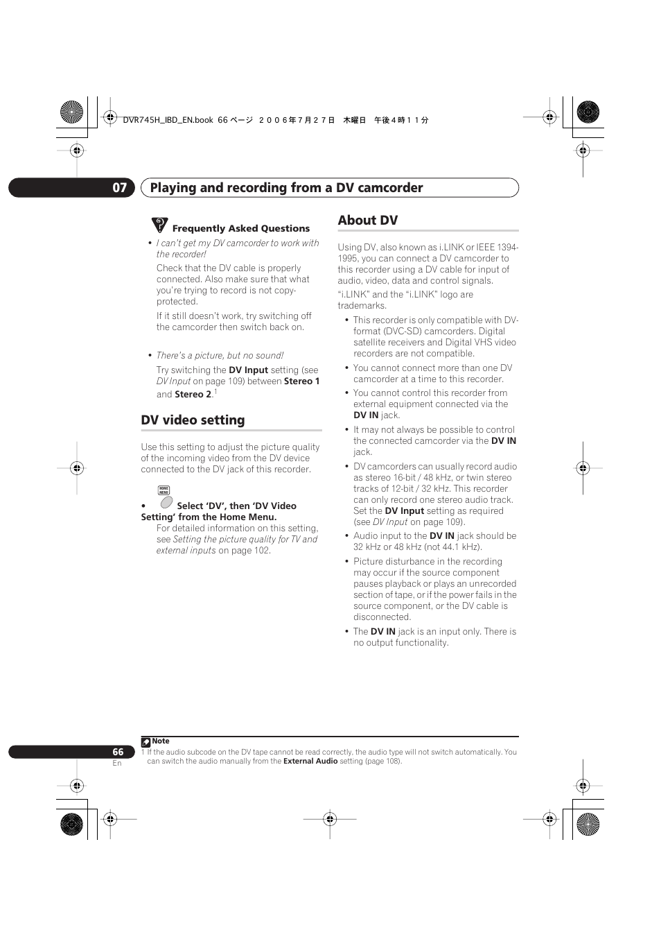 Dv video setting, About dv, Playing and recording from a dv camcorder 07 | Pioneer DVR-745H-S User Manual | Page 66 / 136