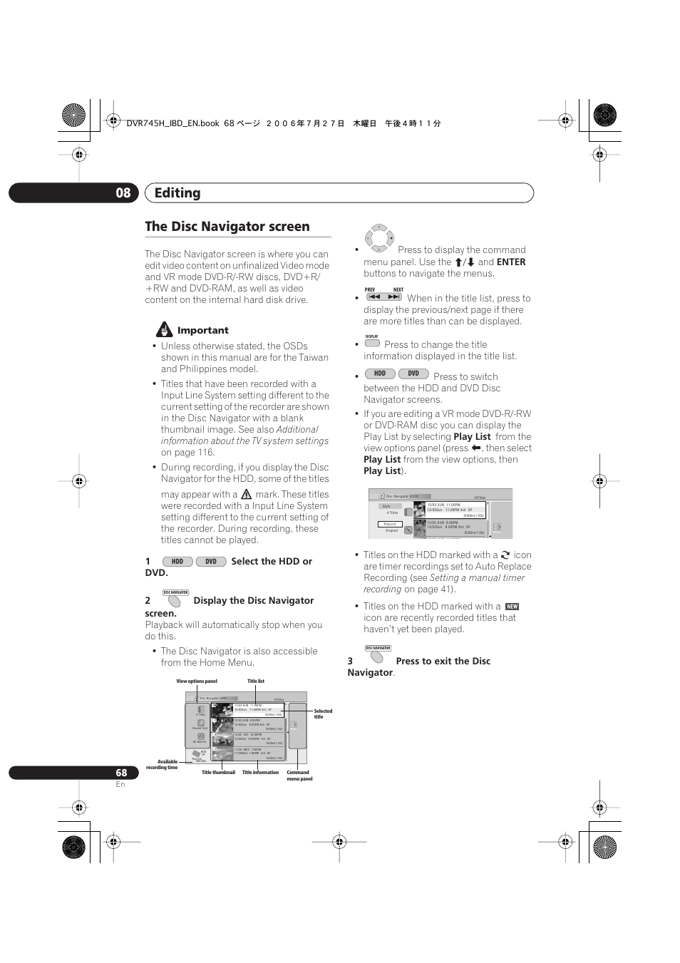 The disc navigator screen, Editing 08 | Pioneer DVR-745H-S User Manual | Page 68 / 136