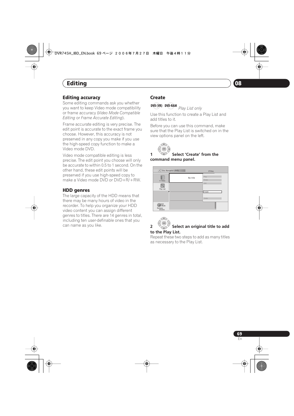 Editing 08, Editing accuracy, Hdd genres | Create | Pioneer DVR-745H-S User Manual | Page 69 / 136