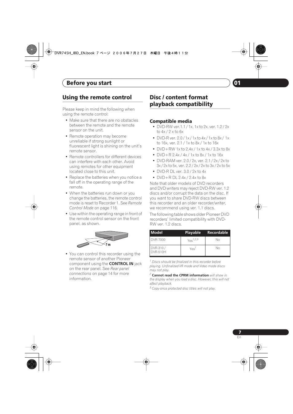 Using the remote control, Disc / content format playback compatibility, Before you start 01 | Disc / content format, Playback compatibility | Pioneer DVR-745H-S User Manual | Page 7 / 136