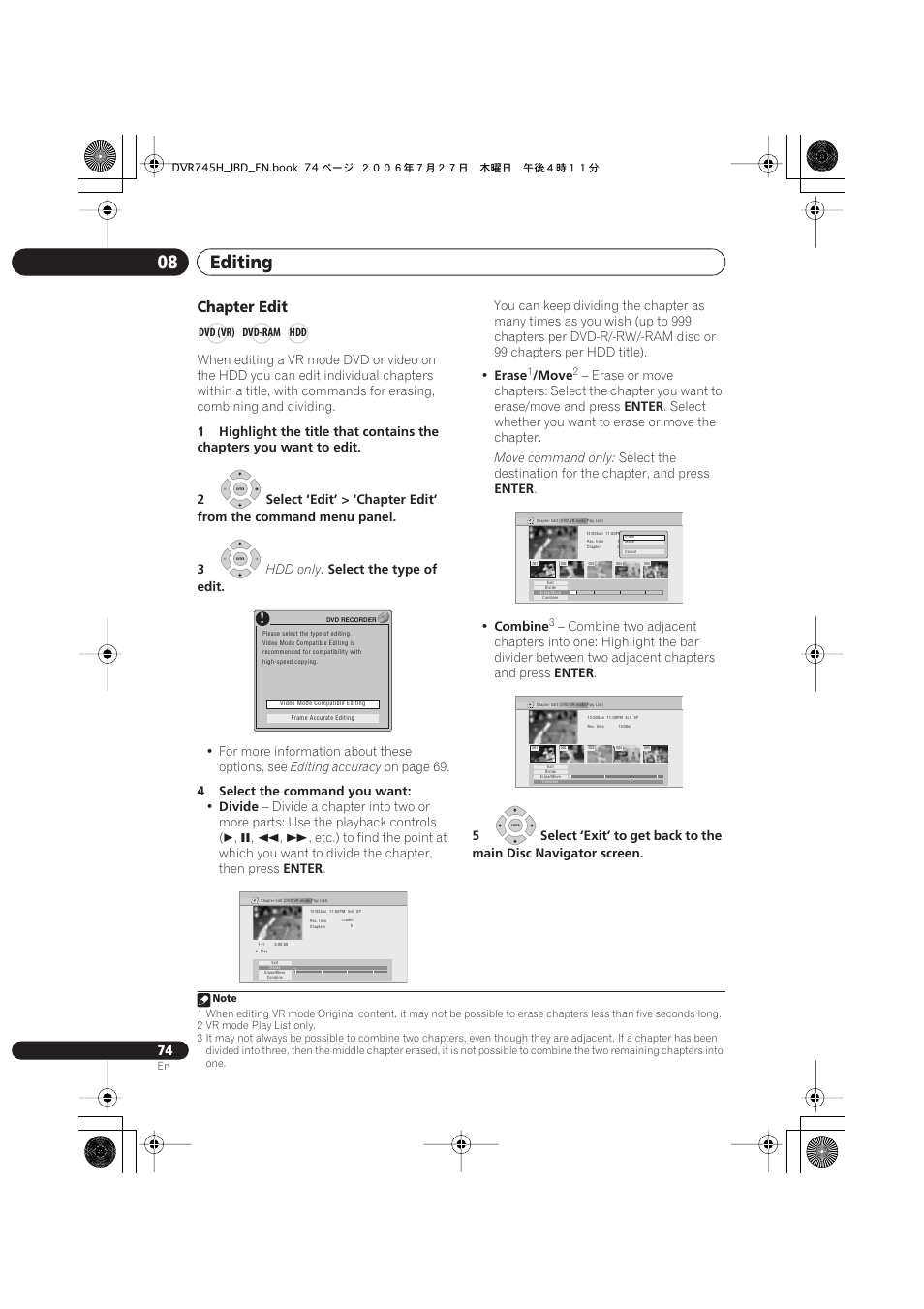 Editing 08, Chapter edit | Pioneer DVR-745H-S User Manual | Page 74 / 136