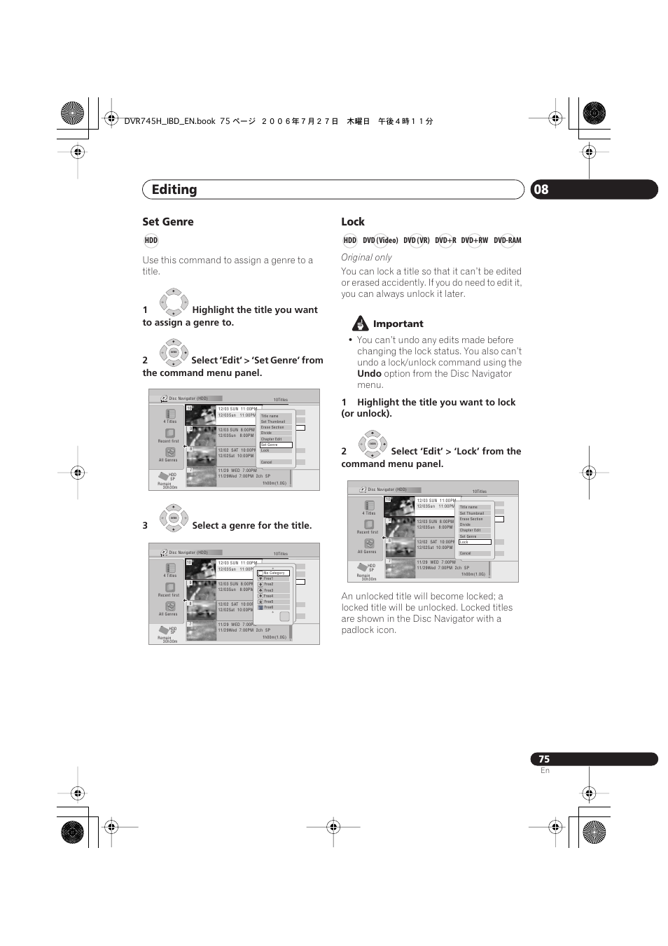Editing 08, Set genre, Lock | Use this command to assign a genre to a title, Original only, Important, Undo, Option from the disc navigator menu, Hdd dvd (video) dvd (vr) dvd+r dvd+rw dvd-ram | Pioneer DVR-745H-S User Manual | Page 75 / 136