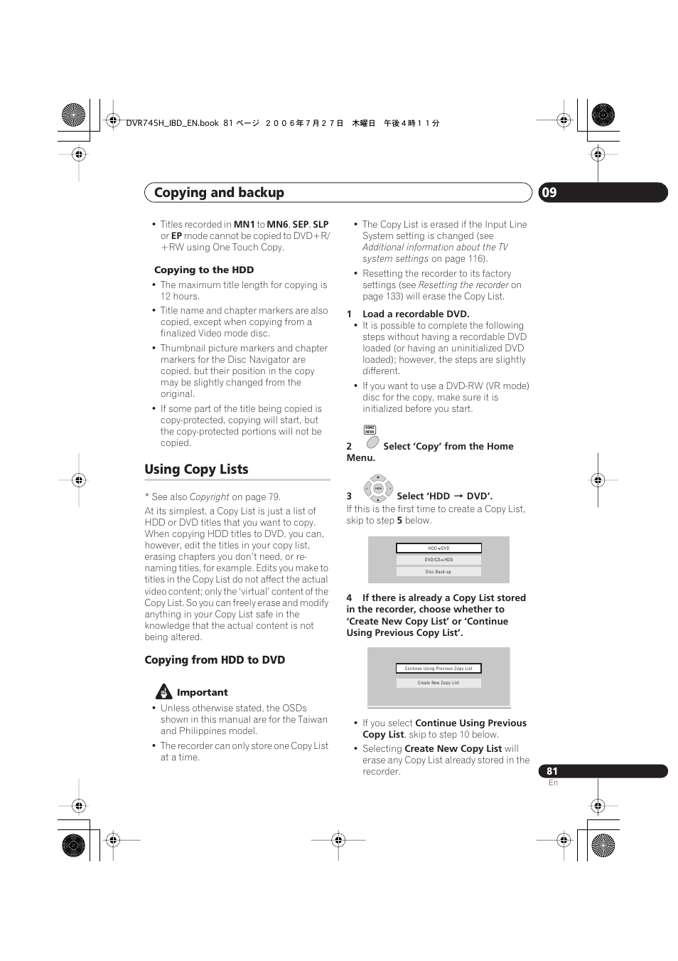 Using copy lists, Copying and backup 09 | Pioneer DVR-745H-S User Manual | Page 81 / 136