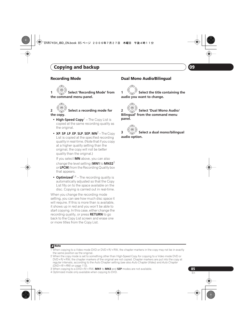 Copying and backup 09, Recording mode, Dual mono audio/bilingual | Pioneer DVR-745H-S User Manual | Page 85 / 136