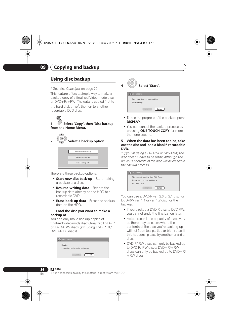 Using disc backup, Copying and backup 09 | Pioneer DVR-745H-S User Manual | Page 86 / 136