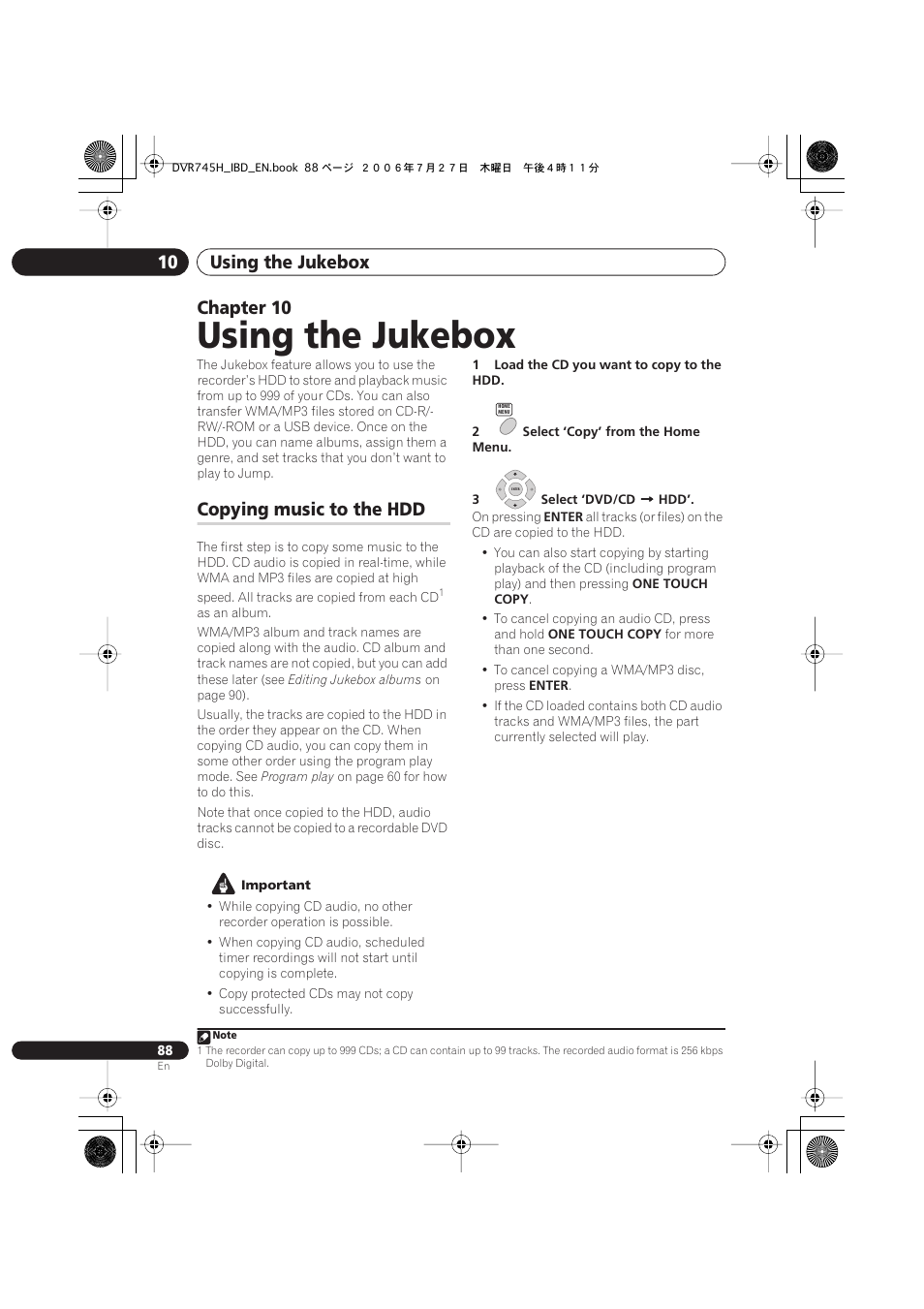 10 using the jukebox, Copying music to the hdd, Using the jukebox | Using the jukebox 10, Chapter 10 | Pioneer DVR-745H-S User Manual | Page 88 / 136