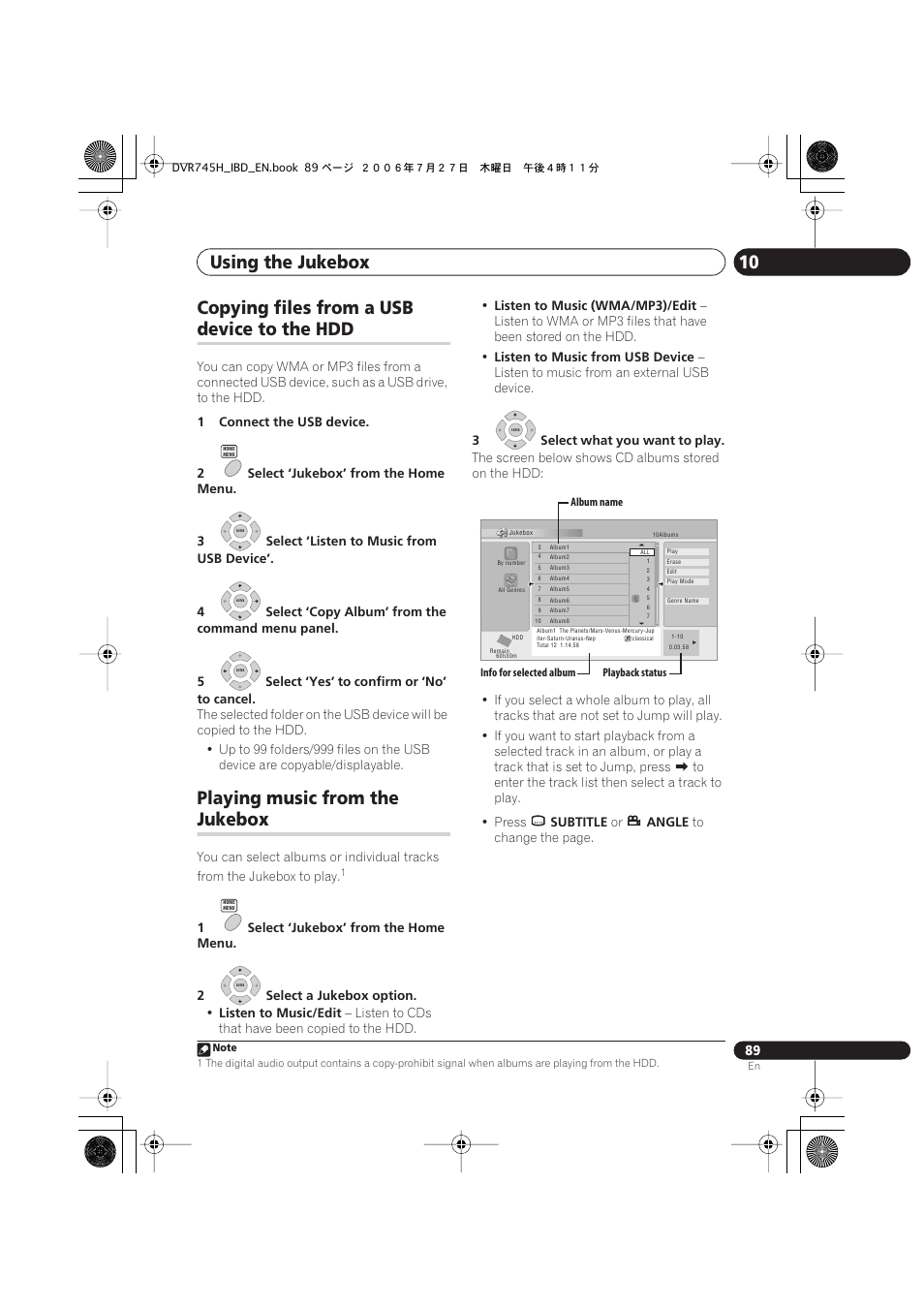 Copying files from a usb device to the hdd, Playing music from the jukebox, Using the jukebox 10 | Copying files from a usb, Device to the hdd, Playing music from the, Jukebox | Pioneer DVR-745H-S User Manual | Page 89 / 136