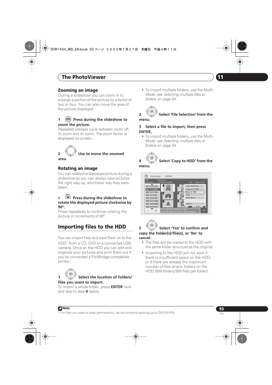 Importing files to the hdd, The photoviewer 11, Zooming an image | Rotating an image | Pioneer DVR-745H-S User Manual | Page 93 / 136