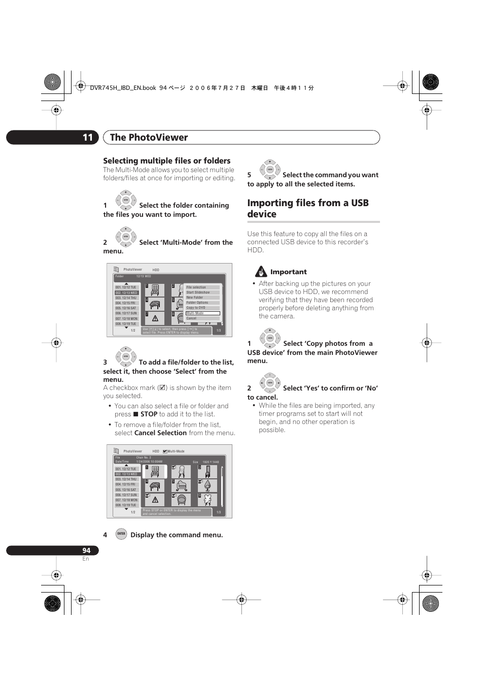 Importing files from a usb device, The photoviewer 11, Importing files from a usb | Device, Selecting multiple files or folders | Pioneer DVR-745H-S User Manual | Page 94 / 136
