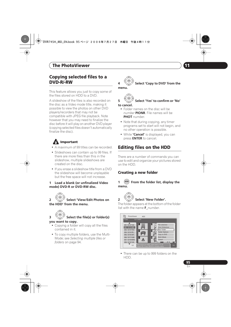 Copying selected files to a dvd-r/-rw, Editing files on the hdd, The photoviewer 11 | Copying selected files to a, Dvd-r/-rw, Creating a new folder | Pioneer DVR-745H-S User Manual | Page 95 / 136