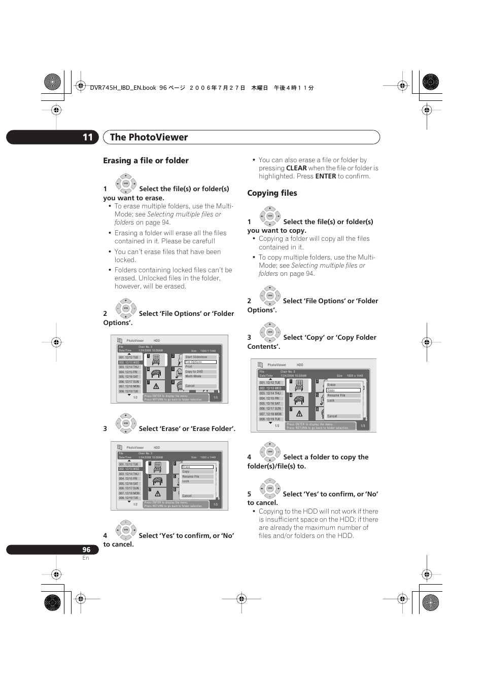 The photoviewer 11, Erasing a file or folder, Copying files | 1select the file(s) or folder(s) you want to erase, Selecting multiple files or folders, You can also erase a file or folder by pressing, Clear, When the file or folder is highlighted. press, Enter, 1select the file(s) or folder(s) you want to copy | Pioneer DVR-745H-S User Manual | Page 96 / 136