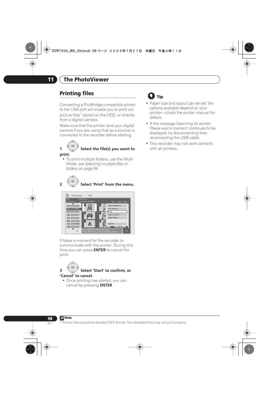 Printing files, The photoviewer 11 | Pioneer DVR-745H-S User Manual | Page 98 / 136