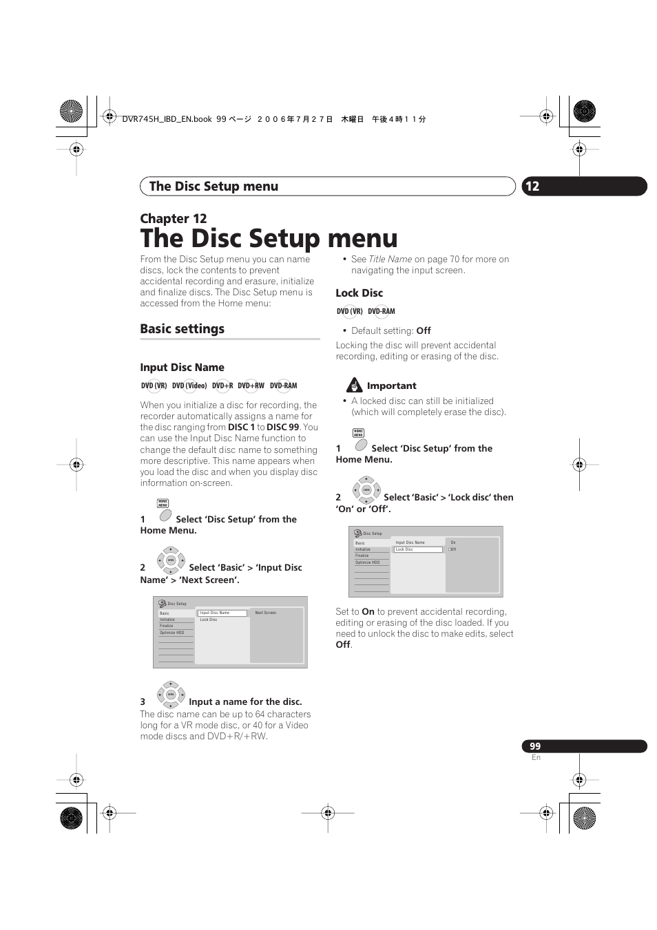 12 the disc setup menu, Basic settings, The disc setup menu | The disc setup menu 12, Chapter 12, Input disc name, Lock disc | Pioneer DVR-745H-S User Manual | Page 99 / 136