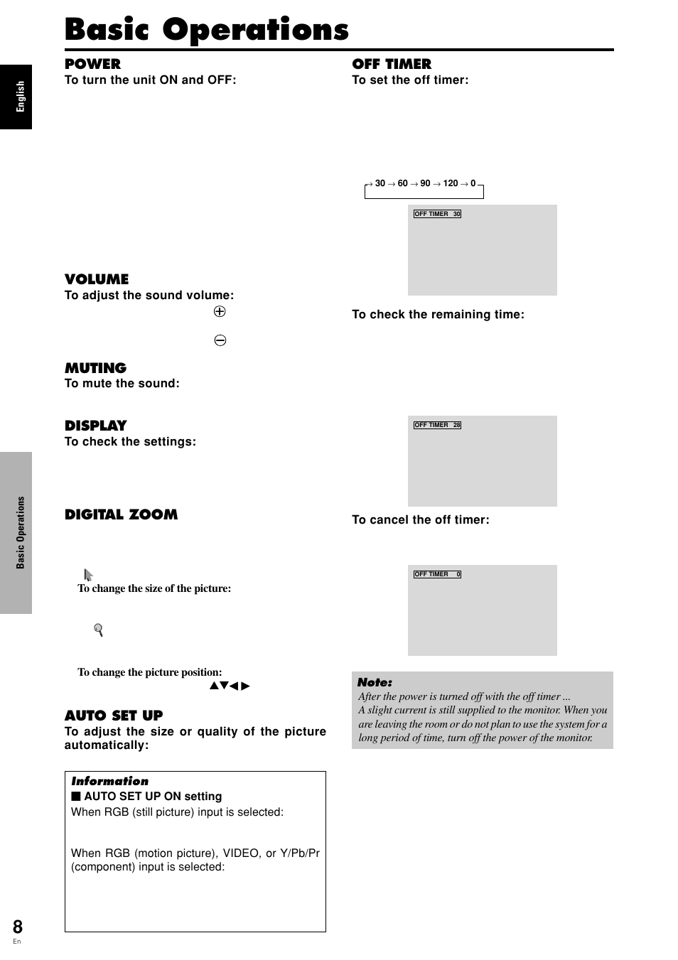 Basic operations, Power, Volume | Muting, Display, Digital zoom, Auto set up, Off timer | Pioneer PDP 424MV User Manual | Page 15 / 39