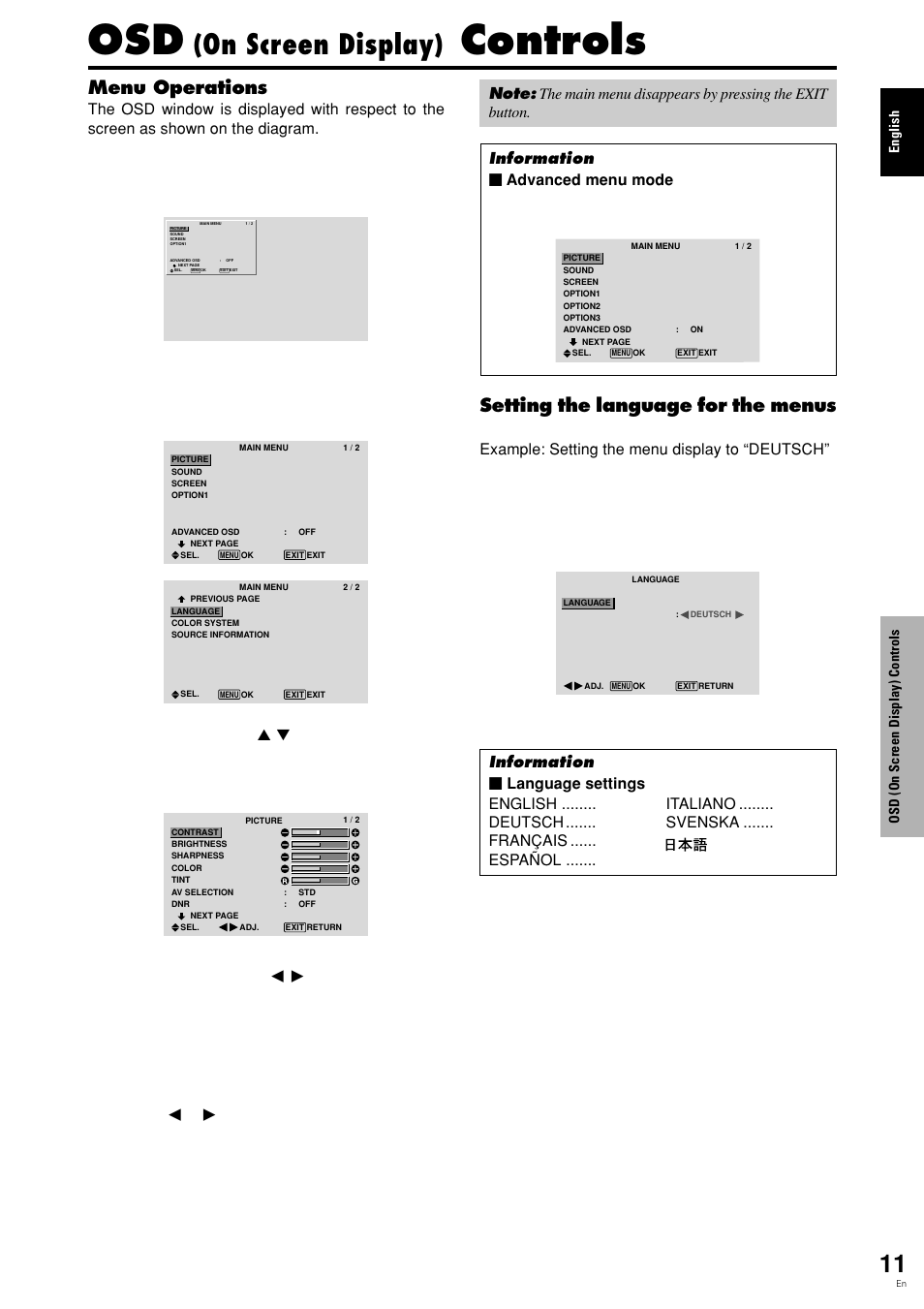 Controls, On screen display), Menu operations | Setting the language for the menus | Pioneer PDP 424MV User Manual | Page 18 / 39
