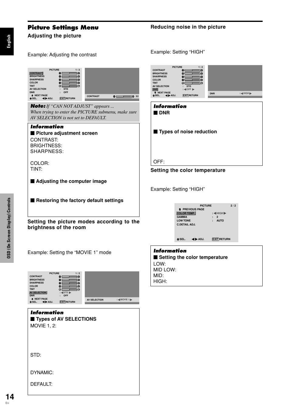 Picture settings menu, English osd (on screen display) controls | Pioneer PDP 424MV User Manual | Page 21 / 39