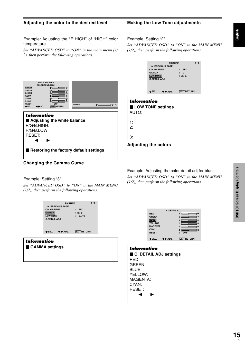 English osd (on screen display) controls | Pioneer PDP 424MV User Manual | Page 22 / 39