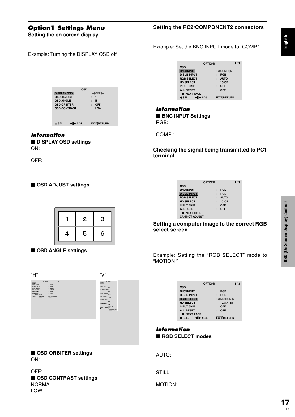 Option1 settings menu, English osd (on screen display) controls | Pioneer PDP 424MV User Manual | Page 24 / 39