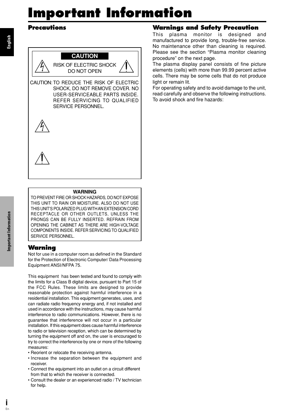 Important information | Pioneer PDP 424MV User Manual | Page 3 / 39