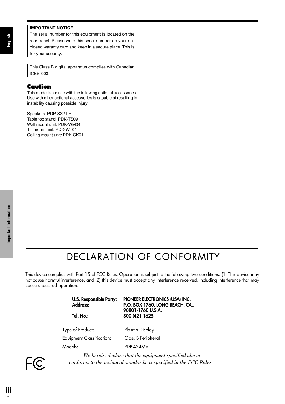 Declaration of conformity | Pioneer PDP 424MV User Manual | Page 5 / 39