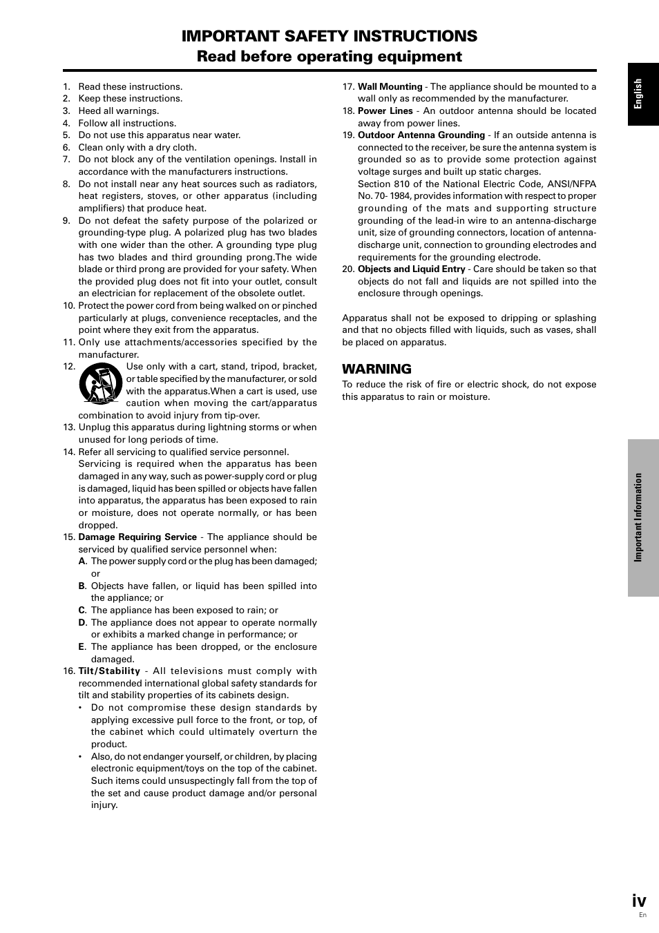 Warning | Pioneer PDP 424MV User Manual | Page 6 / 39