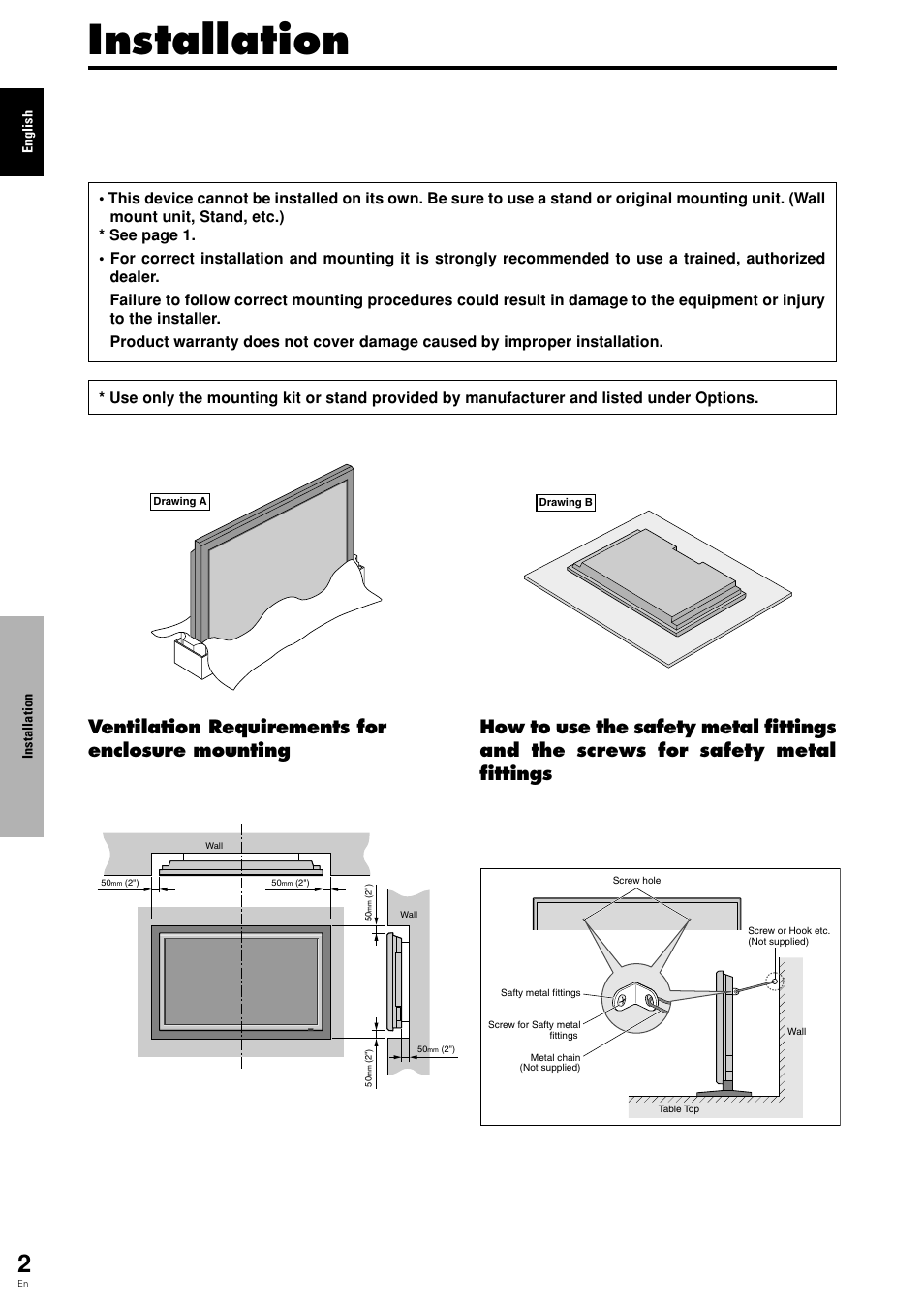 Installation, Ventilation requirements for enclosure mounting | Pioneer PDP 424MV User Manual | Page 9 / 39