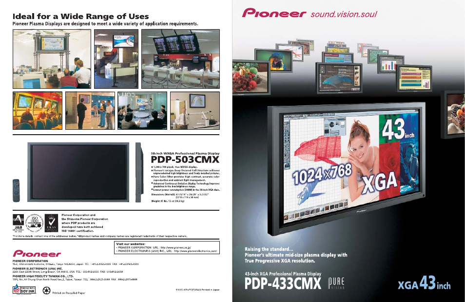 Pioneer PDP 433CMX User Manual | 4 pages